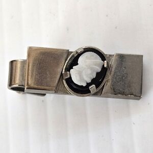 Silver Tone Black And White Cameo Tie Clip Vintage